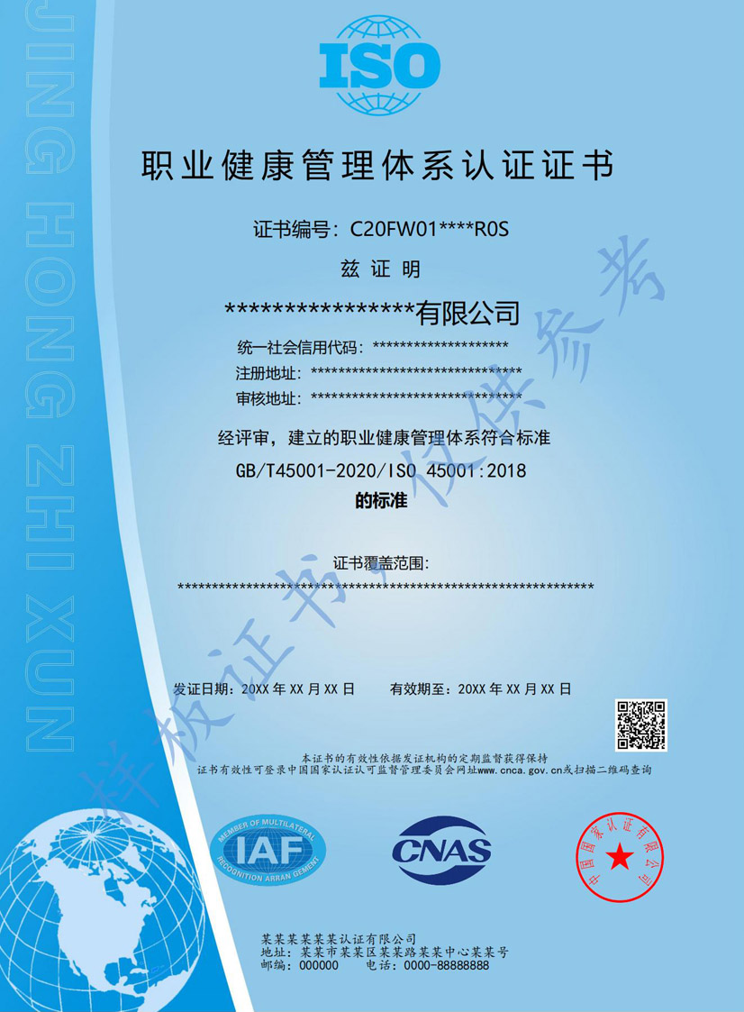 河源iso45001职业健康管理体系认证证书